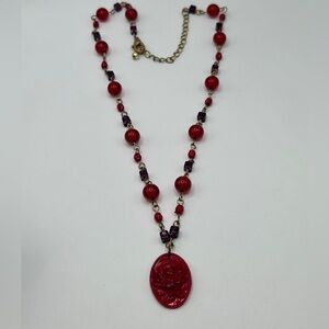 Vintage Red Rose Pendant Purple Beaded Necklace​